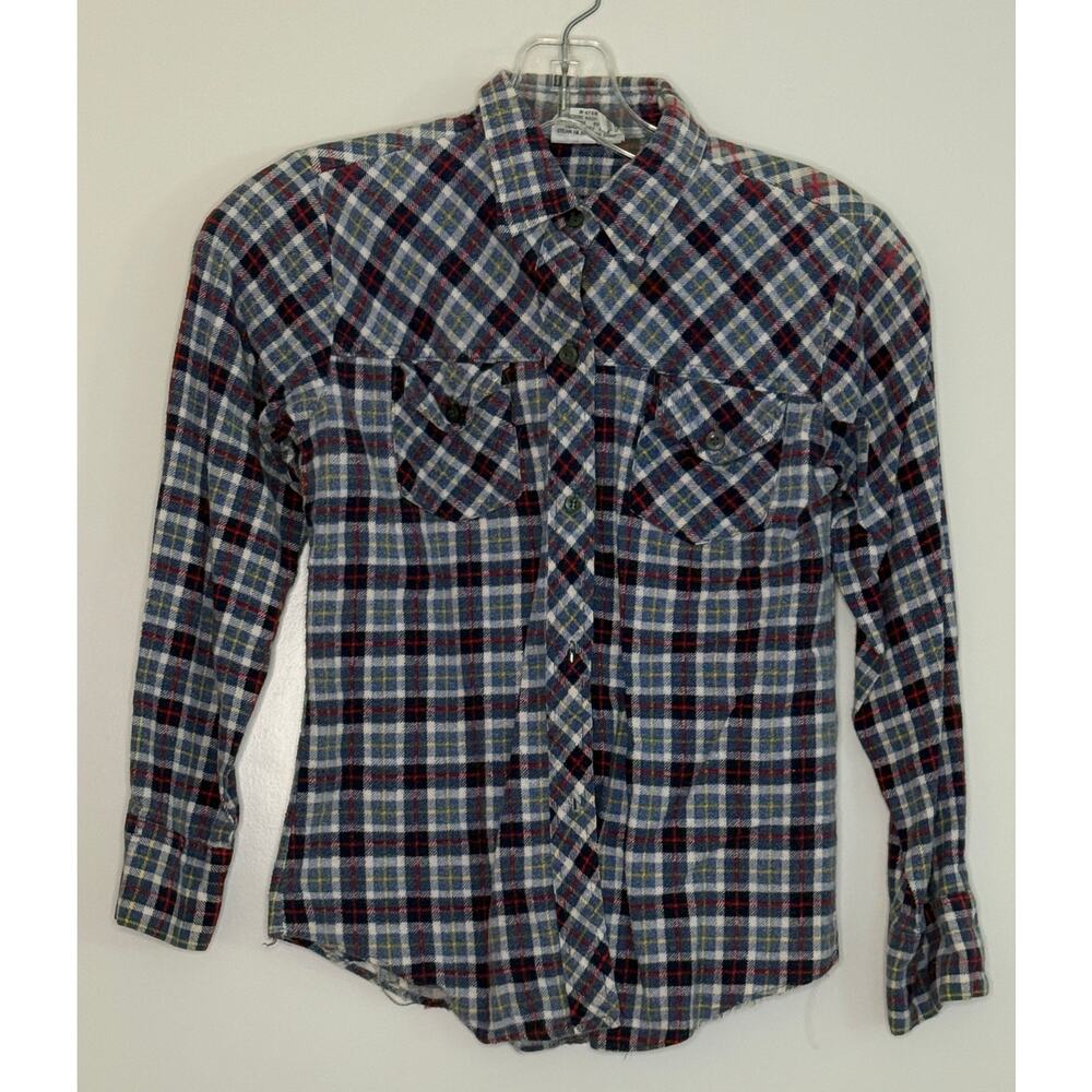 Girls Vintage Blue and White Flannel Button Down Shirt 100% Cotton 14